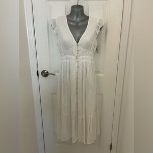 White V-Neck Midi Dress with Buttons Down Front, Sz S